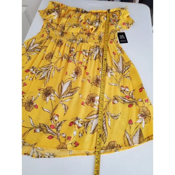 NWT Express Womens L Yellow Floral Off-the-Shoulder Smocked Ruffle Mini Dress - Picture 7 of 8
